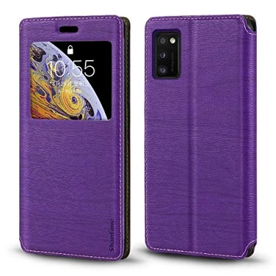 Abbildung von Schutzhülle für Samsung Galaxy A41, Holzmaserung, Leder, mit Kartenhalter und Fenster, Magnetverschluss, A41 (lila)