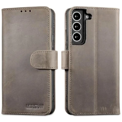 Abbildung von LENSUN Lederhülle für Samsung Galaxy S22, Echtleder Handyhülle [RFID Schutz] [Echtes Leder] Klappbar Hülle Flip Handytasche S22 5G Graubraun