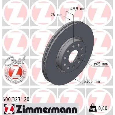 Abbildung von ZIMMERMANN Bremsscheibe VOLKSWAGEN: Golf VIII Schrägheck, Caddy V Kombi, Variant, CUPRA: Formentor SUV, Leon Sportstourer, 600.3271.20