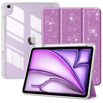 Abbildung von TiMOVO Hülle für iPad Air 11 Zoll M2 2024, 6/5/4 (2024/2022/2020) 10,9&quot;, Schutzhülle mit Stifthalter, Schlank Ständer Klar Rückseite, Auto Schlaf/Aufwach,Glitter Taro Violett