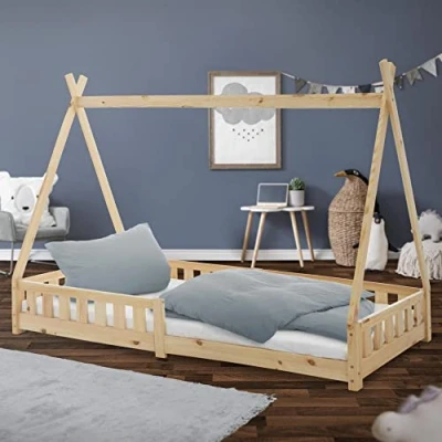 Abbildung von ML DESIGN Kinderbett Hausbett mit Rausfallschutz und Lattenrost Massivholz, Bett 90x200 Natur aus Kiefernholz Spielbett Zelt Zaun