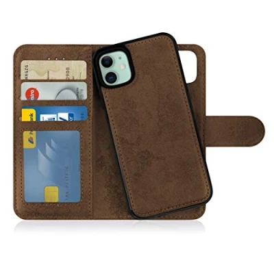 Abbildung von MyGadget Flip Case für iPhone 11 [ abnehmbare Magnet Hülle ] Handyhülle aus Kunstleder Klapphülle mit Kartenfach Schutzhülle in Braun