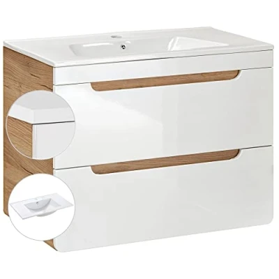 Abbildung von Lomadox Waschtisch mit Unterschrank Hochglanz weiß Wotaneiche, 81cm Keramik Waschbecken, Softclose Schubkästen
