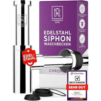 Abbildung von Siphon Waschbecken Edelstahl 60 140mm Höhe, Abflussrohr 330mm Länge, 1 1/4&quot; für Bad &amp; Waschtisch mit Reinigungsöffnung, Dichtungen und Einbauanleitung M. ROSENFELD HOME
