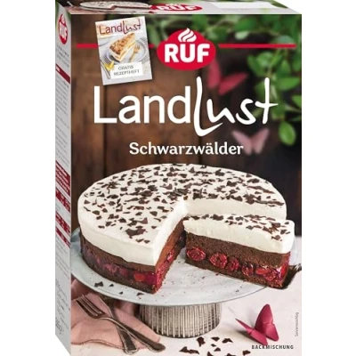 Abbildung von RUF Landlust Schwarzwälder Kirsch Torte, Backmischung für klassischen Kuchen mit Zartbitterschokoladenraspeln, schnell &amp; einfach zubereitet, inkl. gratis Rezeptheft