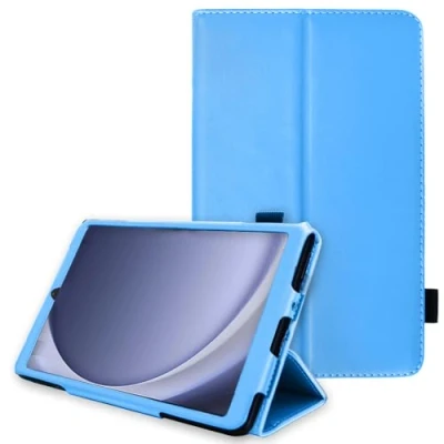 Abbildung von TECHGEAR Lederhülle für Samsung Galaxy Tab A9 8.7 (SM X110 / SM X115), Premium PU Leder Slim Folio Stand Case Cover mit Handschlaufe [Hellblau]