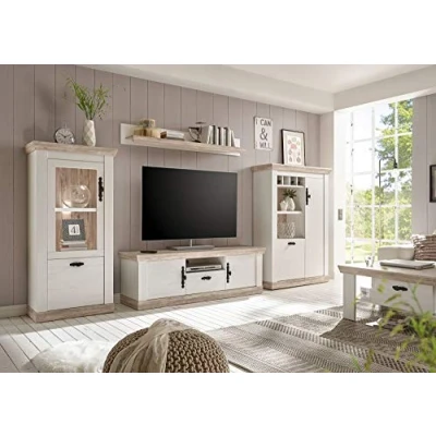 Abbildung von Newfurn Wohnwand Anbauwand Landhaus Wohnzimmerschrank Wohnlandschaft Mediawand Fernsehschrank II 310x201x 37 44 cm (BxHxT) [Amelie.Three Concept] in Pinie Weiß/Oslo Wohnzimmer