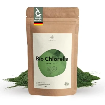 Abbildung von BIONUTRA® Bio Chlorella Pulver 250 g, rückstandskontrolliert, nach EU ÖKO Standard hergestellt, vegan, laktose &amp; glutenfrei, ohne Zusätze,