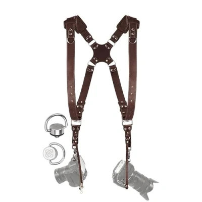 Abbildung von C Coiro Kameragurt für 2 Kameras mit doppeltem Tragegurt aus Leder und verstellbarem Schultergurt Ledergurt DSLR/SLR Camera Dual Shoulder Strap Braun/Padded