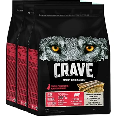 Abbildung von Crave Premium Trockenfutter Rind mit Knochenmark und Urgetreide für Hunde Getreidefreies Adult Hundefutter hohem Proteingehalt 3 x 2,8 kg