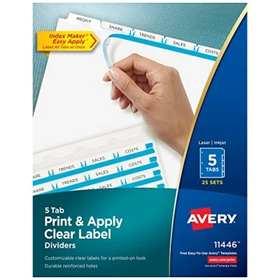 Abbildung von Avery 5 Registerkarten für 3 Ringbuch, einfaches Drucken und Anbringen, transparenter Etikettenstreifen, Index Maker, anpassbare weiße Tabs, 25 Sets (11446)
