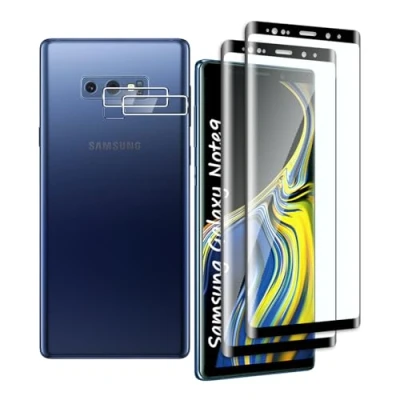 Abbildung von Fyqzio [2+2 Stück Gehärtetes Glas Schutzfolie kompatibel mit Samsung Galaxy Note9 und Kamera,Keine Blasen,9H Härte,Anti Scratch,3D Curved,HD Displayschutz fur
