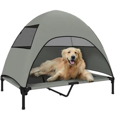 Abbildung von PawHut Hundeliege Outdoor mit Dach, Erhöhtes Hundebett für Große Hunde, Kühlendes Haustierliege Waschbares Mesh Metallrahmen Tragtasche, Haustierbett Draußen Camping 106x76x99cm, Hellgrau