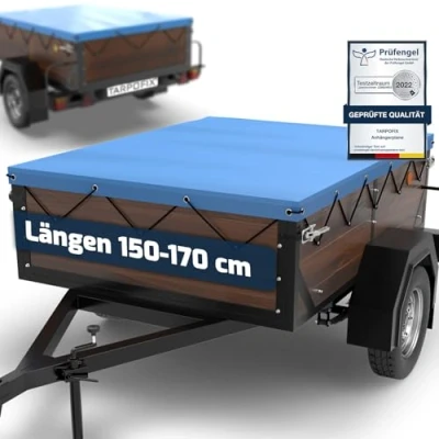 Abbildung von Tarpofix® Anhänger Plane 150 x 110 cm inkl. Planenseil Anhängerplane Flachplane aus PVC PLANENMATERIAL Verstärkte HP DDR für diverse PKW Hänger Abdeckplane Abdeckung Blau