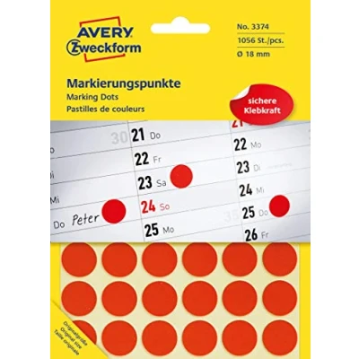 Abbildung von AVERY Zweckform 3374 selbstklebende Markierungspunkte (Ø 18 mm, 1.056 Klebepunkte auf 22 Bogen, runde Aufkleber für Kalender, Planer und zum Basteln, Papier, matt) rot