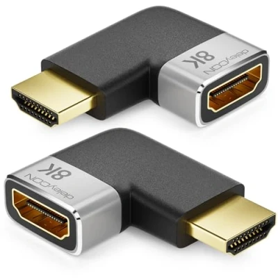 Abbildung von deleyCON 2 Stück HDMI Adapter Kupplung Verbinder 8K@60Hz / 4K@120Hz UHD Aluminium 2.1 ARC HDR10+ Dolby Vision VRR ALLM 48Gbps Rechts/Links Gewinkelt Grau Schwarz