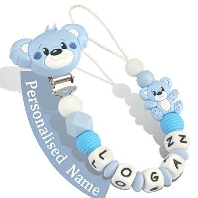Abbildung von Yolnkos Schnullerkette mit Namen Jungen Mädchen Personalisiert Schnullerclip Teddy Bär(Hellblau)