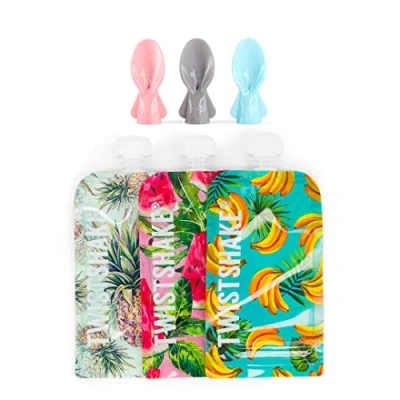 Abbildung von Twistshake 3x Quetschbeutel 220ml + Löffel für Babynahrung Doppelter Reißverschluss Wiederverwendbarer Lebensmittelbeutel BPA freier Babybeutel und Selbstfütterungslöffel