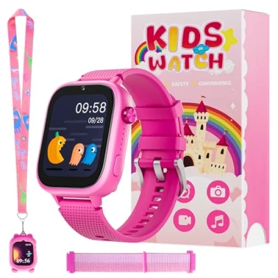 Abbildung von OKYUK 4G Kinder smartwatch, smartwatch mit GPS und Telefon,Armbanduhr Junge mädchen,mit Video Phone Call, Nachrichten, Schulmodus, SOS Funktion, Kamera Schrittzähler (Rosarot)