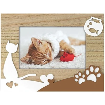 Abbildung von matches21 Bilderrahmen Holzrahmen Motiv Katze Fotorahmen Holz Rahmen mit Relief Pfoten &amp; Herz braun weiß 1 STK 10x15 cm
