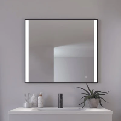 Abbildung von Loevschall Libra Modernes Badspiegel mit Beleuchtung, 80x70 cm, Quadratischer Spiegel, Smart Mirror Touch Schalter, Schwarzer Rahmen, Badezimmer Spiegel 5 cm LED Lichtfield, Helligkeit Dimmbar