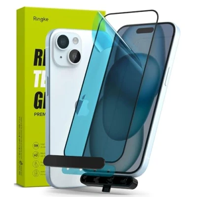 Abbildung von Ringke Full Cover Glass Kompatibel mit iPhone 15 Displayschutzfolie 6,1 Zoll, Premium 9H Härte Bruchsichere Gehärtetes Glasfolie Einfachem Installationskit