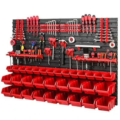 Abbildung von PAFEN Werkstattregal Lagersystem 1152 x 780 mm Wandregal mit Rot Stapelboxen und Werkzeughalter Schüttenregal Wandplatten Extra Starke