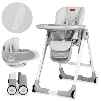 Abbildung von MoMi LUXURIA Kinderhochstuhl mit 4 Rollen Bremsfunktion, 5 Punkt Sicherheitsgurt, klappbar, höhenverstellbar (7 Stufen), verstellbare Rückenlehne (5 Stufen) und Tablett (2 stufig), Fußstütze