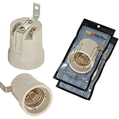Abbildung von ISOLATECH 2Stk E27 grau Keramik Fassung mit Befestigungswinkel/Außenbügel (max.250V/4A) Leuchtmittel für Home Decke Installation Badezimmer Küche Kühlschrank Sockel Halterung einbauen