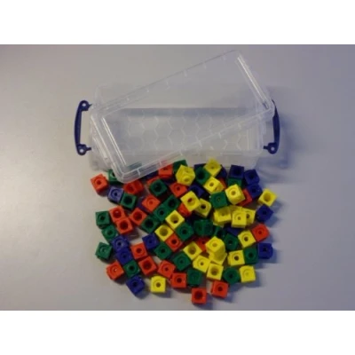Abbildung von Dick System Steckwürfel 4 farbig (rot, gelb, grün, blau) in der praktischen Box, 100 Stück, 1,7 cm, allseitig steckbar, Kunststoff
