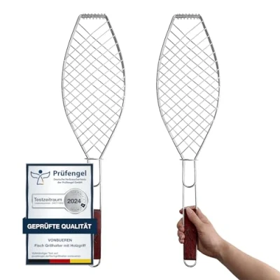 Abbildung von VonBueren 2 x Fisch Grillhalter 63x16cm mit Holzgriff Fischgrillgitter Fischzange zum Grillen Fischgriller Grillkorb