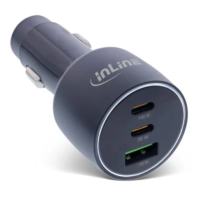 Abbildung von InLine USB C KFZ Ladegerät, 100W, 5A, 2x Power Delivery 3.0, 1x A QC mit weißem LED Licht, Zigarettenanzünder, für Notebooks, iPhone/Pro/mini, iPad Pro/Air/mini, Galaxy und mehr, 31502A