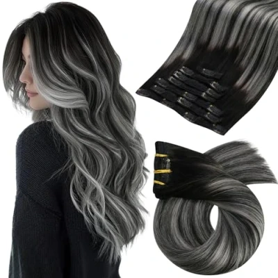 Abbildung von Moresoo Remy Echthaar Extensions Clip in Schwarz Silber Haarverlängerung Ombre Doppelt Tressen mix Grau 7pcs 45 cm 120g
