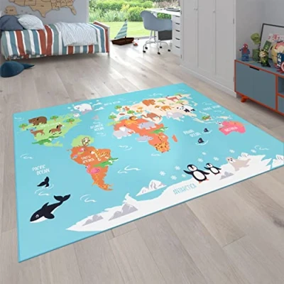 Abbildung von Paco Home Kinder Teppich Für Kinderzimmer, Spiel Teppich, Weltkarte Mit Tieren rutschfest In Türkis, Grösse:160x220 cm
