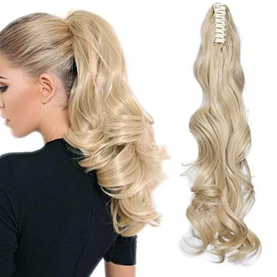Abbildung von SEGO Ponytail Extension Pferdeschwanz Haarteil Haarverlängerung Zopf mit Butterfly Klammer Hair Piece Haar Glatt Hitzebeständig wie Echthaar Golden Mix Bleichblond Gewellt 24&quot;(61cm) 150g