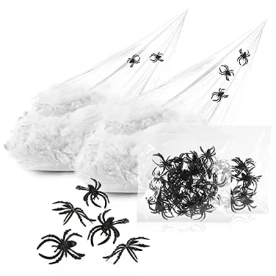 Abbildung von com four® 66 teiliges Deko Set für Halloween 260g dehnbares Spinnennetz mit 64 schwarzen Spinnen gruseliges weißes Spinnengewebe als Dekoration Halloween, Fasching, Horror oder Mottopartys