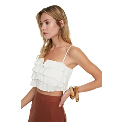 Abbildung von Trendyol Damen Frilly Crop woven Blouse, Weiß, 40 EU