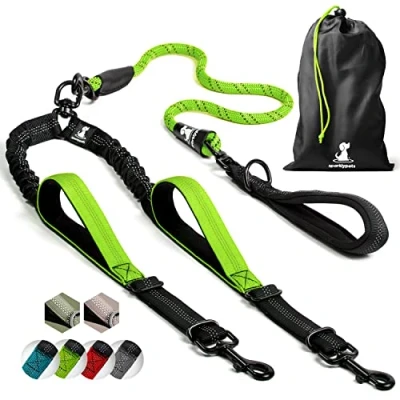 Abbildung von Hundeleine für 2 Hunde mit Bungee Verlängerung Große und Mittelgroße Ruckdämpfer Reflektierende Elastische zum Spazierengehen (Grün)