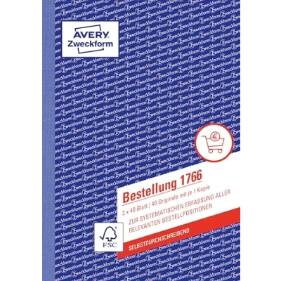 Abbildung von AVERY Zweckform 1766 Bestellung (A5, 2x40 Blatt, selbstdurchschreibend mit farbigem Durchschlag, zur systematischen Erfassung aller relevanten Bestellpositionen) weiß/gelb