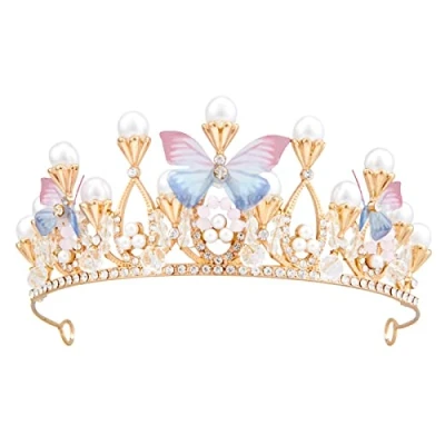Abbildung von Flower Girl Crown, Vofler Princess Butterfly Tiara Gold Crystal Rhinestone Pearl Headband for Kids Women Adults Birthday Wedding Quinceanera Pageant Prom Homecoming Halloween Mermaid Costume Party