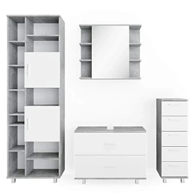 Abbildung von Vicco Badmöbel Set Ilias, Beton/Weiß, 4 Teile, mit Hochschrank