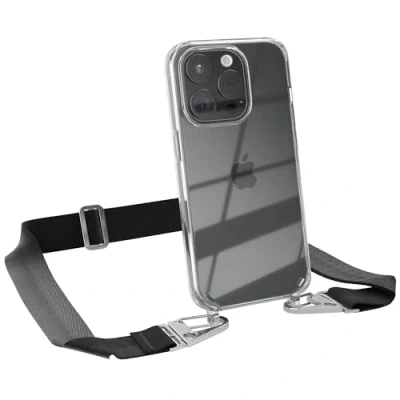 Abbildung von EAZY CASE Hülle mit Band kompatibel iPhone 15 Pro Handyhülle Umhängeband für Silikonhülle Transparent Schutzhülle Handykette zum Umhängen Handykordel Smartphone in Schwarz