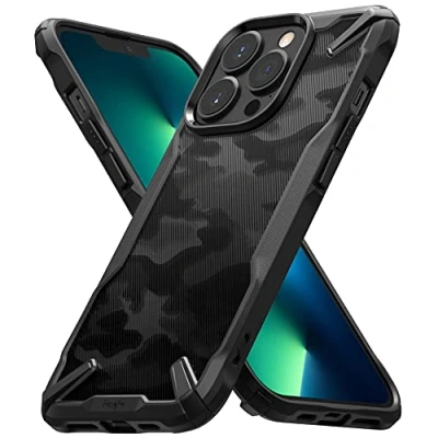 Abbildung von Ringke Fusion X Case Kompatibel mit iPhone 13 Pro Max Hülle, Verbesserte Griffigkeit Handyhülle, Handschlaufe Loch Fingerabdruckfest 3D Militär Muster Camo Schwarz
