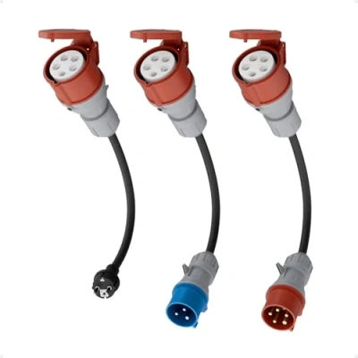 Abbildung von dé Adapterset CEE 32A 5 Poliger für Mobile Wallbox/EV Ladegerät/Ladestation an Rot 16A/ Blau 230V Haushaltssteckdose mit 0,5m Gummikabel H07RN F 3G2.5mm² IP44 Außeneinsatz