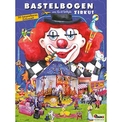 Abbildung von Zirkus mit Zirkuszelt, Zauberer, Artisten, Zirkuswagen Bastelbogen zum Basteln Spielzeug aus Papier für Kinder ab 7+ Jahre Papiermodelle Spielen