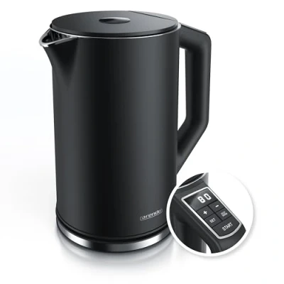 Abbildung von Arendo Edelstahl Wasserkocher mit Temperatureinstellung 40 100 Grad in 5er Schritten Doppelwand Design Modell ELEGANT 1,5 Liter 2200 W Teekocher Temperaturanzeige GS Schwarz