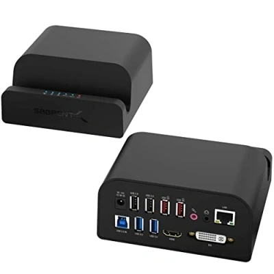 Abbildung von SABRENT USB Docking Station mit Netzteil, 2 Videoausgang (HDMI und DVI), RJ45 Ethernet, Audio, 4 Ports, Schnellladegerät (DS RICA)