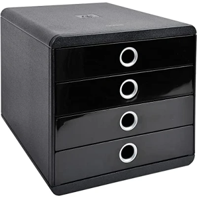 Abbildung von Exacompta 314438D Premium Ablagebox mit 4 Schubladen für DIN A+ Dokumente. Belastbare Schubladenbox hoher Kapazität mehr Platz auf dem Schreibtisch Pop Box schwarz/silber