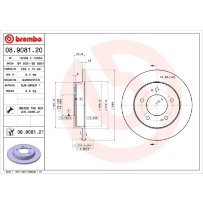 Abbildung von BREMBO COATED DISC LINE 08.9081.21 Bremsscheibe 258 10 5 voll beschichtet mit Schrauben HYUNDAI: ix20, KIA: Venga, Venga Kasten / Schrägheck