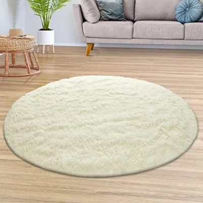 Abbildung von TT Home Teppich Wohnzimmer Hochflor Langflor Weich Soft Modernes Einfarbiges Design, Farbe:Weiß, Größe:160 cm Rund